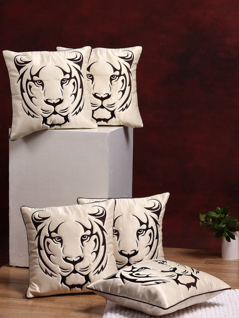 

DREAM WEAVERZ Cream & Brown Set of 5 Embroidered Satin Square Cushion Covers