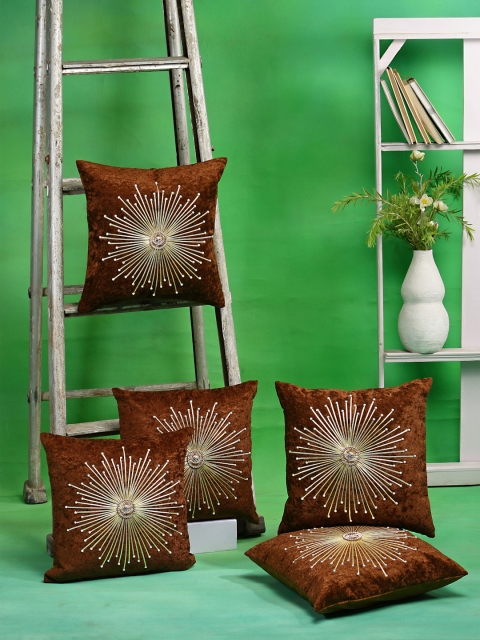 

DREAM WEAVERZ Brown & Gold-Toned Set of 5 Embellished Square Cushion Covers