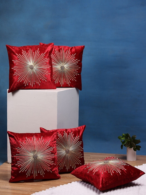 

DREAM WEAVERZ Set of 5 Red & Gold Embroidered Square Cushion Covers