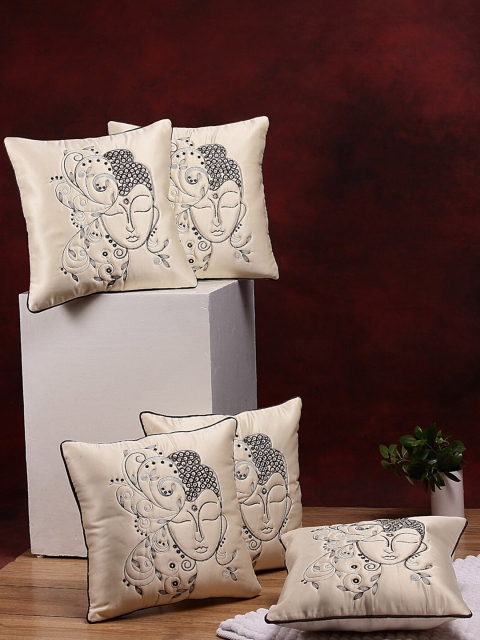 

DREAM WEAVERZ Cream-Coloured Black Set of 5 Embroidered Satin Square Cushion Covers