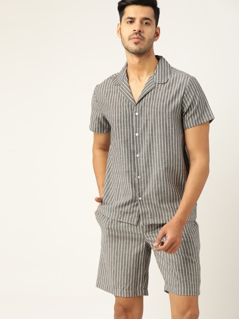

ETC Men Charcoal Grey & Off-White Pure Cotton Striped Shorts Set