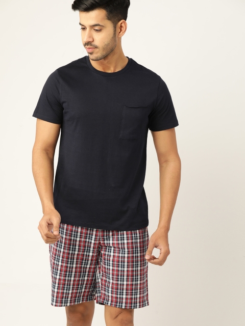 

ETC Men Navy Blue & Red Pure Cotton Shorts Set