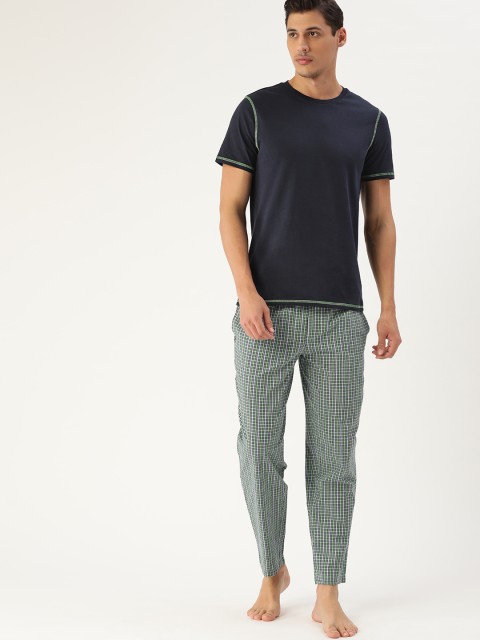 

ETC Men Navy Blue & Green Pure Cotton Night suit