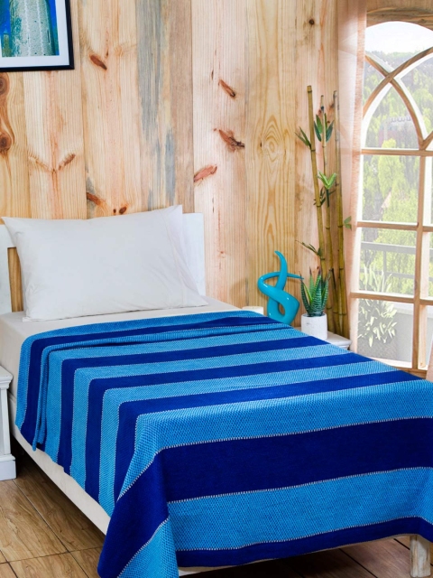 

MASPAR Blue Cotton & Viscose Striped Single Bed Cover