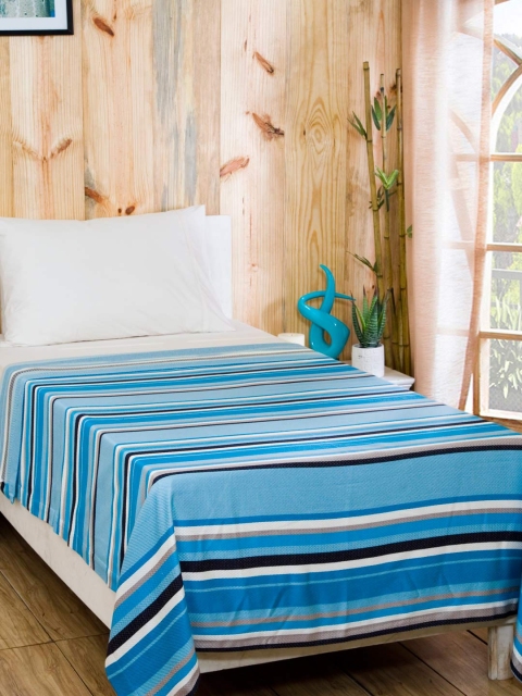 

MASPAR Blue Cotton & Viscose Striped Single Bed Cover