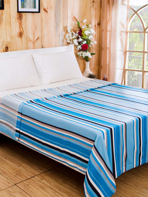 

MASPAR Blue Cotton & Viscose Striped Double Bed Cover