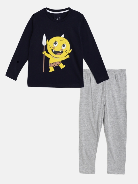 

Wyld Sprog Boys Navy Blue & Grey Goblin Printed Cotton Night suit