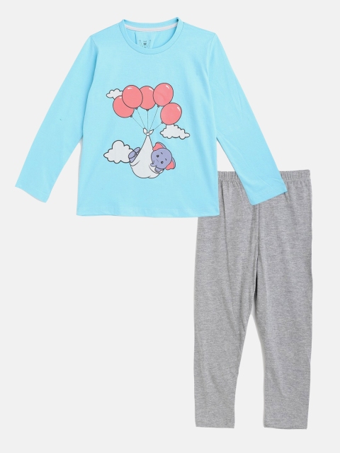 

Wyld Sprog Girls Blue & Grey Elephant Printed Cotton Night suit