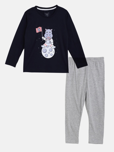 

Wyld Sprog Boys Navy Blue & Grey Hippo Printed Cotton Night suit