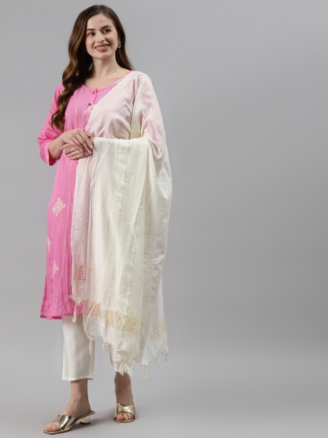 

SWAGG INDIA Women Pink Printed Regular Chanderi Silk Kurta with Trousers & With Dupatta