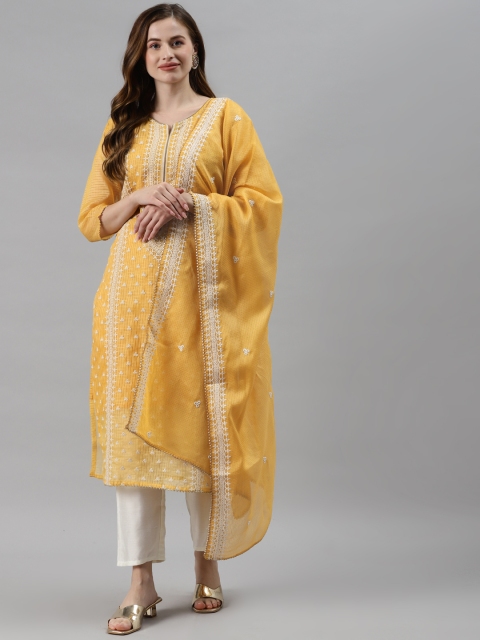 

SWAGG INDIA Women Yellow Embroidered Regular Kurta with Trousers & With Dupatta
