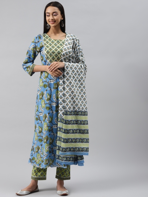 

Yuris Women Blue Floral Printed Gotta Patti Cotton Kurta with Trousers & With Dupatta