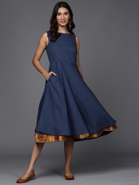 

Fabindia Blue Pure Cotton Solid A-Line Dress