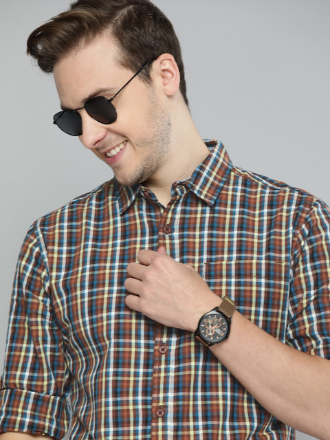 

HERE&NOW Men Multicoloured Slim Fit Grid Tattersall Checked Pure Cotton Casual Shirt, Multi