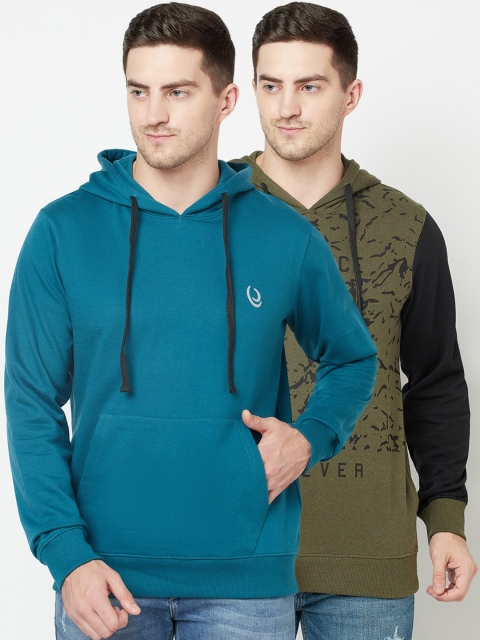 

ELEGANCE Men Set of 2 Printed Hooded Sweatshirt, Teal