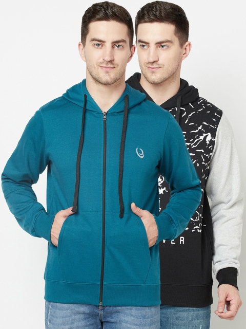 

ELEGANCE Men Pack Of 2 Teal Blue & Black Printed Hooded Sweatshirt