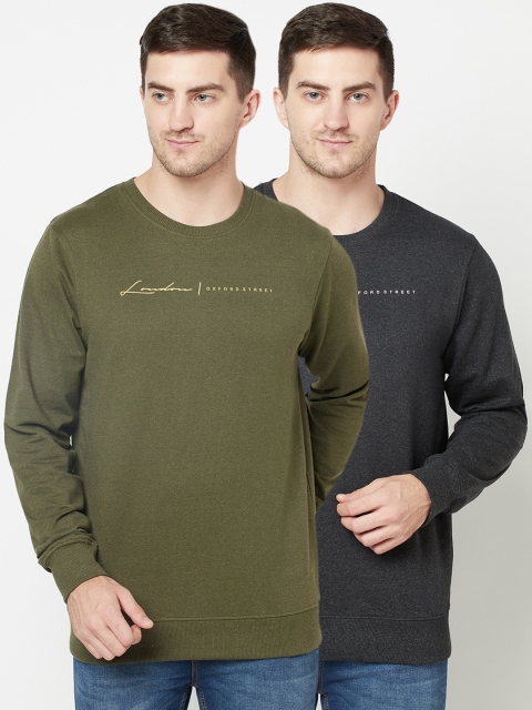 

ELEGANCE Men Pack Of 2 Olive & Grey Typography Printed Fleece Pullover Sweatshirts