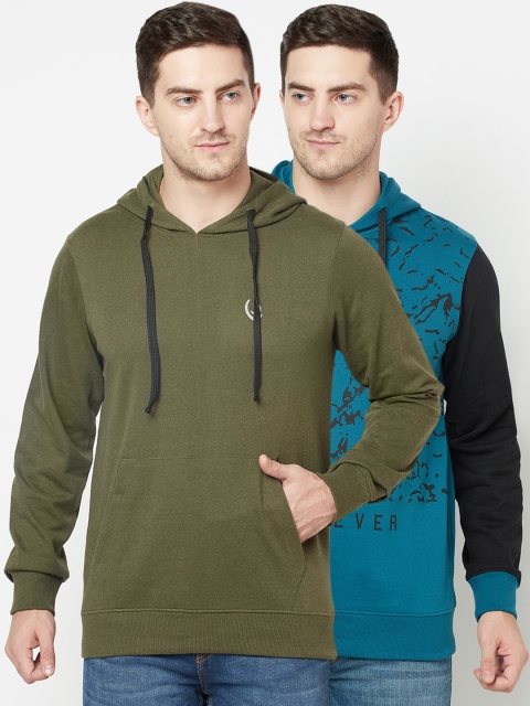 

ELEGANCE Men Pack Of 2 Olive Green & Blue Hooded Sweatshirt