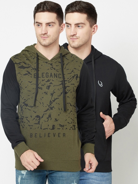

ELEGANCE Men Pack Of 2 Olive Green & Black Printed Hooded Sweatshirt