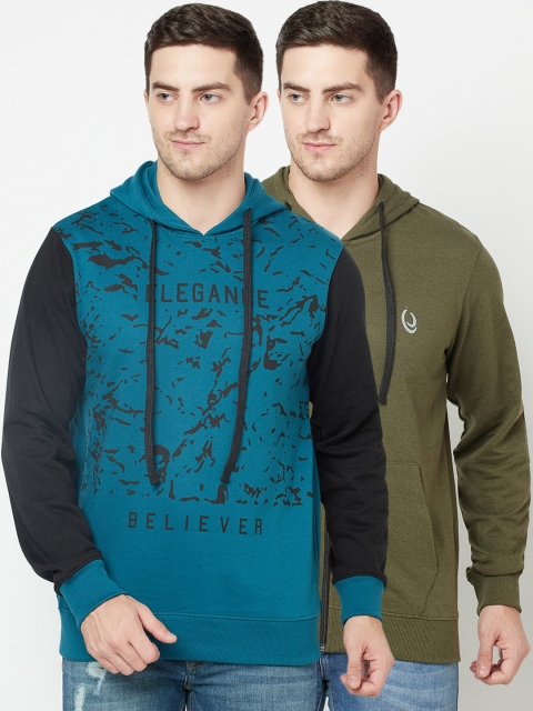 

ELEGANCE Men Teal & Olive Green Set Of 2 Printed Hooded Sweatshirts