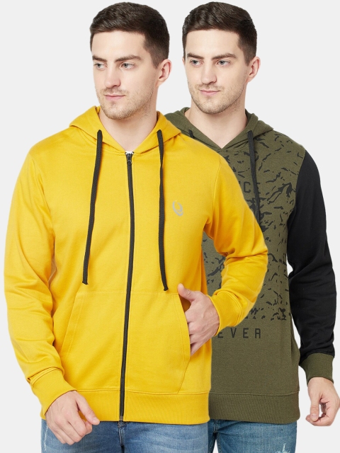 

ELEGANCE Men Pack Of 2 Yellow & olive Printed Hooded Sweatshirts