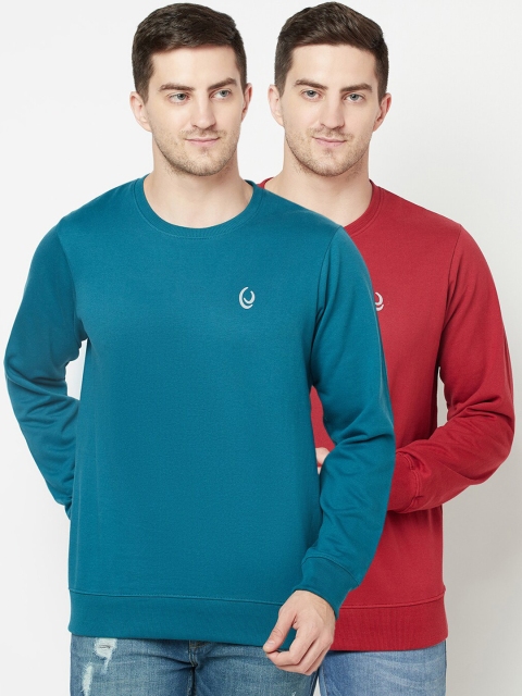 

ELEGANCE Men Pack Of 2 Red & Sea Green Solid Fleece Pullover Sweatshirts