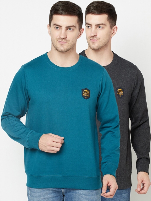 

ELEGANCE Men Pack of 2 Teal & Charcoal Grey Sweatshirts