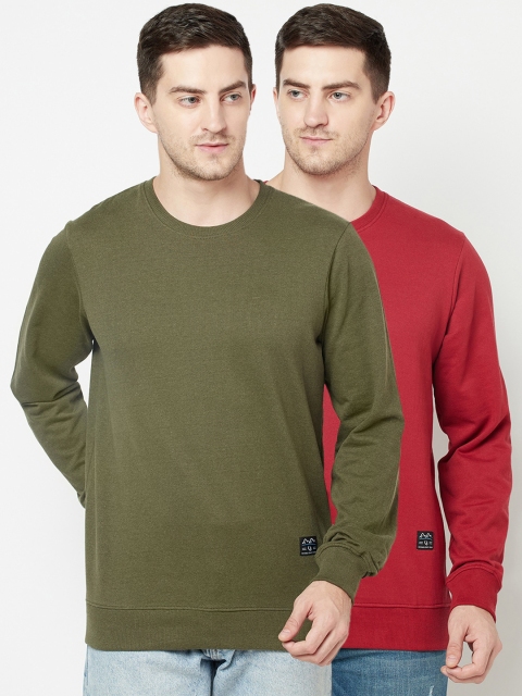 

ELEGANCE Men Pack Of 2 Olive Green & Red Sweatshirts