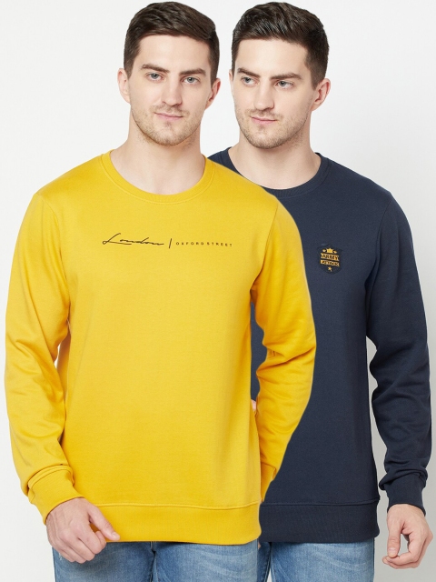 

ELEGANCE Men Pack Of 2 Blue & Yellow Printed Fleece Pullover Sweatshirts