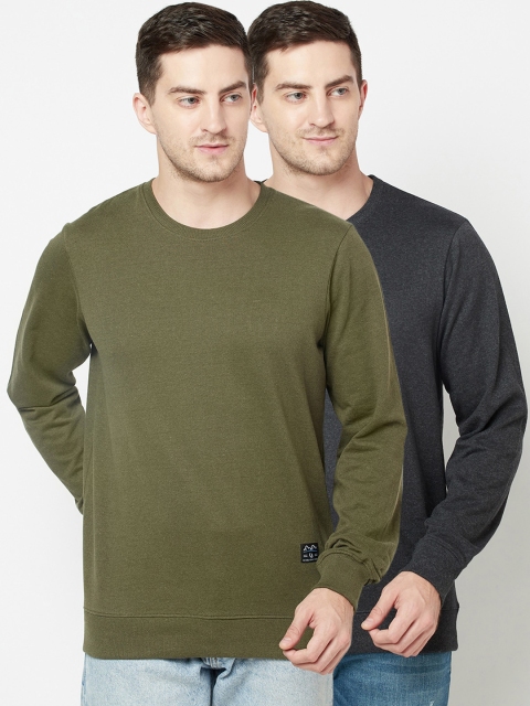 

ELEGANCE Men Pack of 2 Olive Green & Charcoal Grey Sweatshirts