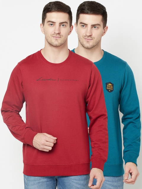

ELEGANCE Men Teal & Red Pack Of 2 Sweatshirt