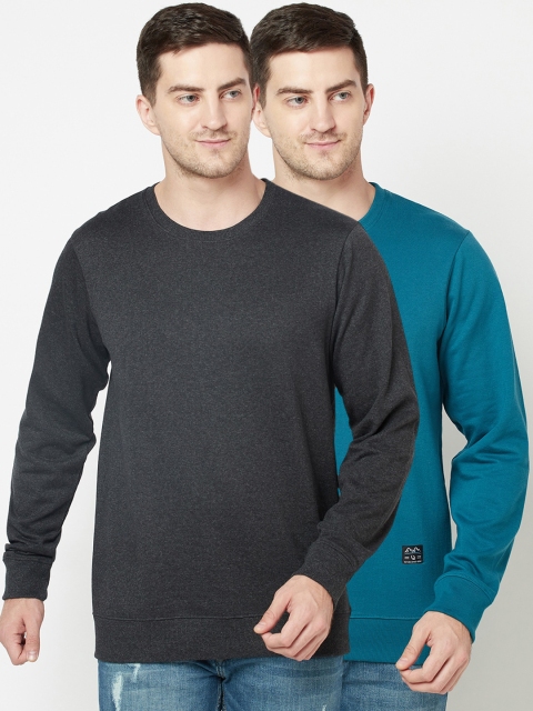 

ELEGANCE Men Pack Of 2 Blue & Grey Solid Fleece Pullover Sweatshirts