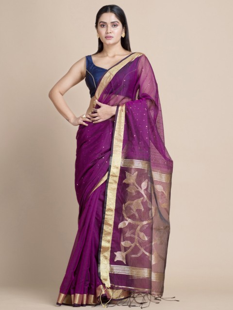 

Mitera Purple & Gold-Toned Woven Design Zari Silk Cotton Handloom Saree