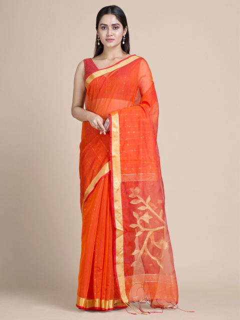 

Mitera Orange & Gold-Toned Handloom Floral Silk Cotton Saree