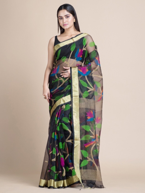 

Mitera Black & Green Woven Design Zari Silk Handloom Cotton Saree