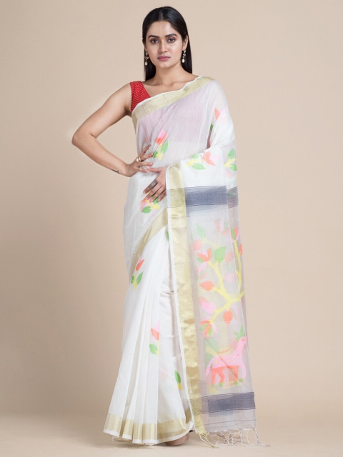 

Mitera White & Pink Woven Design Zari Silk Cotton Handloom Saree
