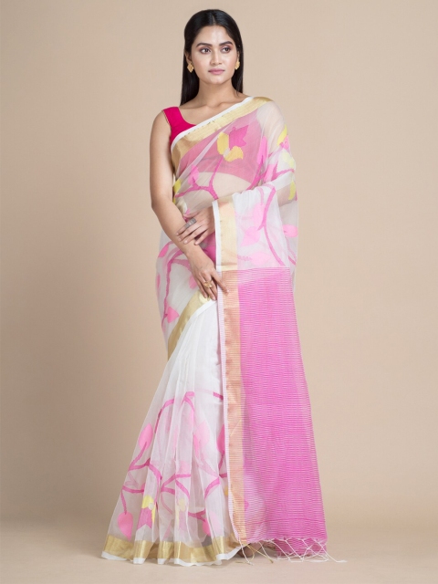 

Mitera White & Pink Woven Design Zari Handloom Silk Cotton Saree