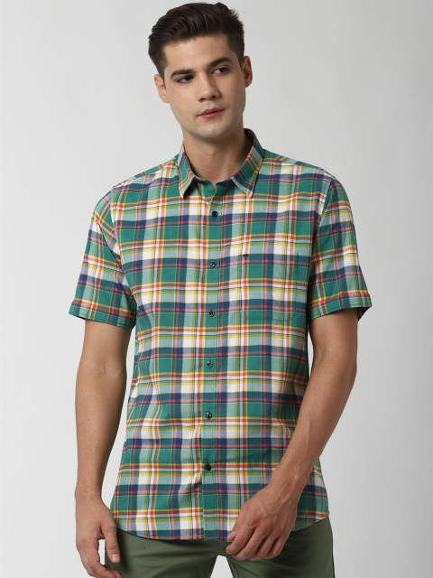 

Peter England Casuals Men Green & Blue Slim Fit Opaque Checked Casual Shirt