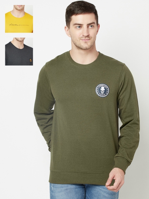 

ELEGANCE Men Pack Of 3 Solid Fleece Pullover Sweatshirts, Olive