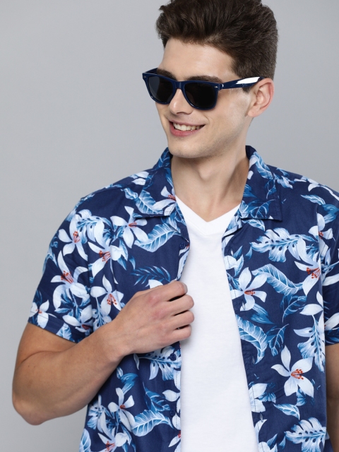 

HERE&NOW Men Navy Blue & White Slim Fit Floral Printed Pure Cotton Casual Shirt