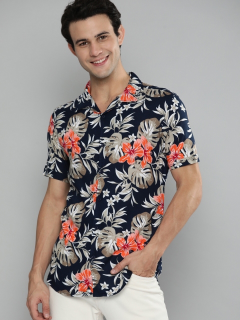 

HERE&NOW Men Navy Blue & Grey Tropical Print Slim Fit Casual Shirt
