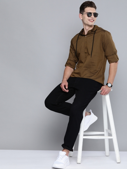 

HERE&NOW Men Brown Solid Regular Fit Hooded Casual Shirt