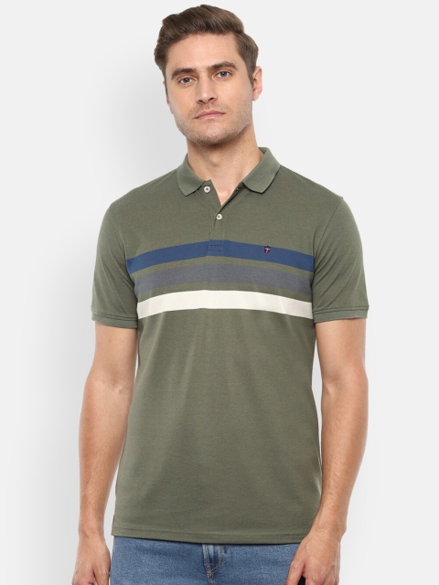 

Louis Philippe Sport Men Olive Green Striped Polo Collar Slim Fit Cotton T-shirt