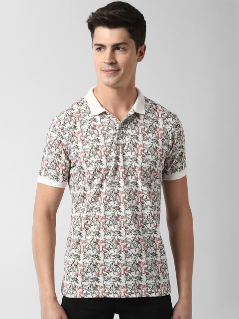 

Peter England Casuals Men Off White Floral Printed Polo Collar T-shirt