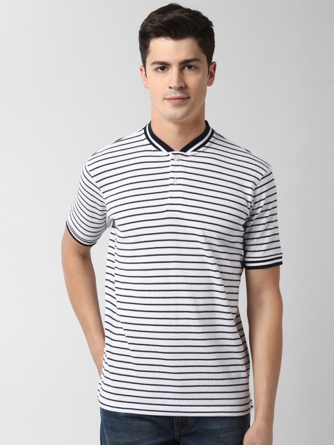 

Peter England Casuals Men White & Navy Blue Striped Mandarin Collar T-shirt