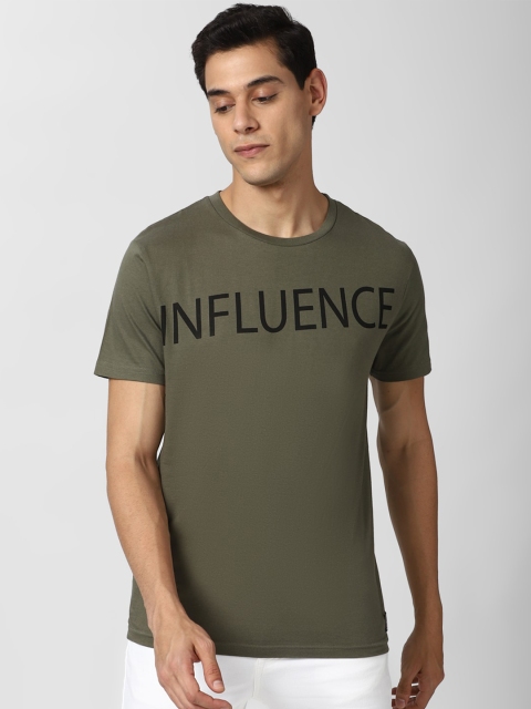 Peter England Casuals Men Olive Green Typography Printed Pure Cotton Slim Fit T-shirt