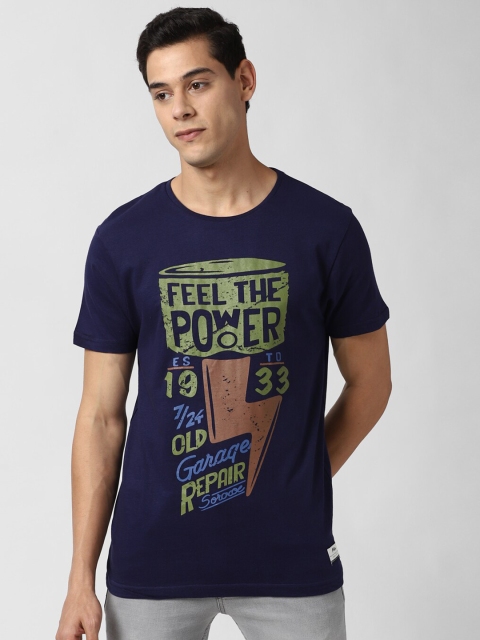 

Peter England Casuals Men Navy Blue Pure Cotton Typography Printed Slim Fit T-shirt