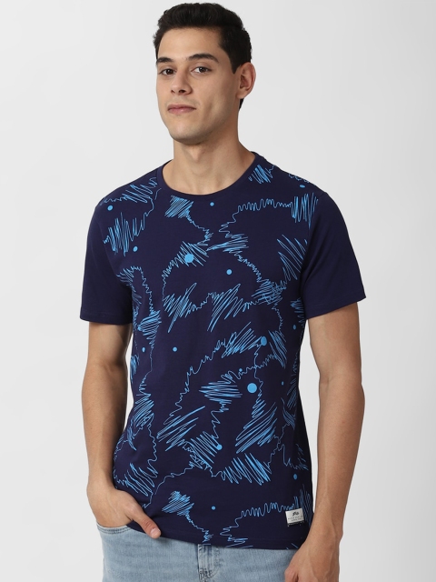 

Peter England Casuals Men Navy Blue Typography Printed Raw Edge Slim Fit T-shirt