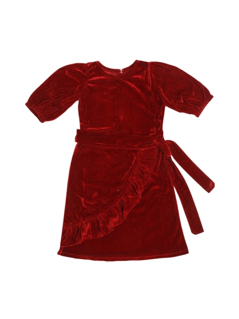 

ruviero Girls Maroon Solid Puffed Sleeves Pleated Velvet A-Line Dress