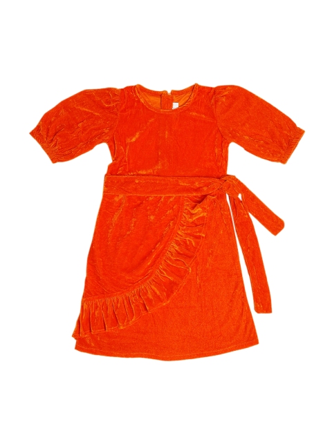 

ruviero Orange Puffed Sleeves Pleated Velvet Dress